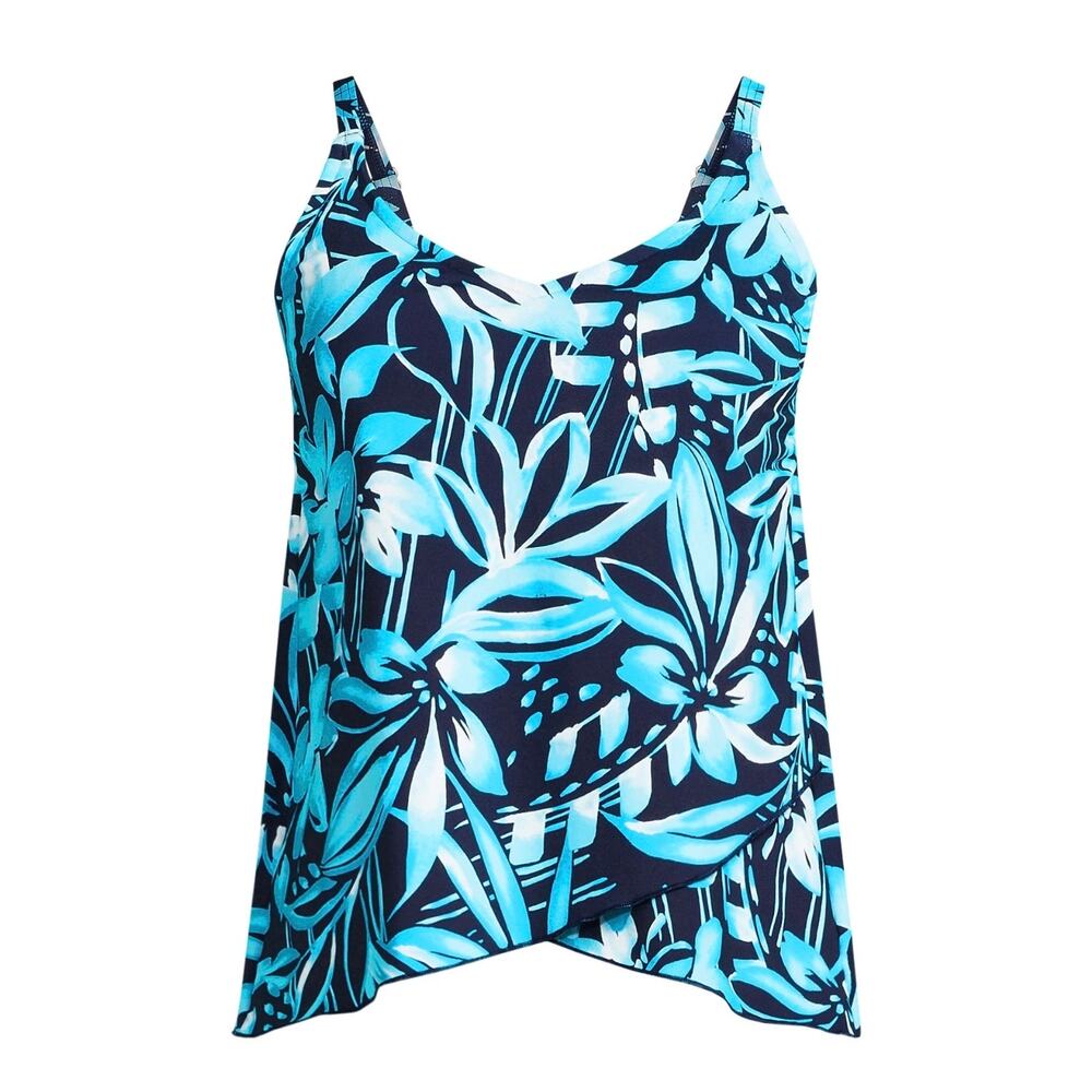 Lands’ End Highclo Handkerchief Hem Tankini Top Women’s 1X Blue Tropical Swim